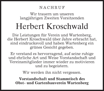 Traueranzeige von Herbert Kroschwald von merkurtz