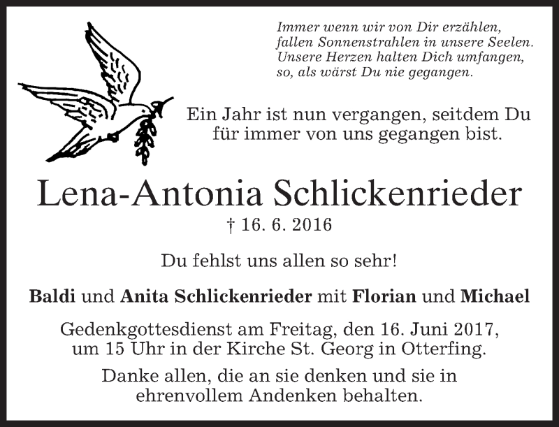  Traueranzeige für Lena-Antonia Schlickenrieder vom 14.06.2017 aus merkurtz