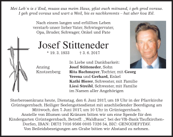 Traueranzeige von Josef Stitteneder von merkurtz
