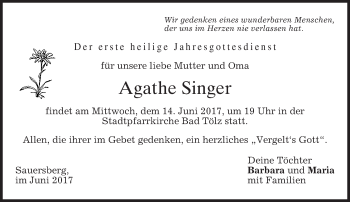 Traueranzeige von Agathe Singer von merkurtz