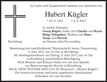 Traueranzeige von Hubert Kügler von merkurtz