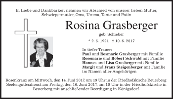 Traueranzeige von Rosina Grasberger von merkurtz