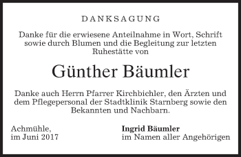 Traueranzeige von Günther Bäumler von merkurtz