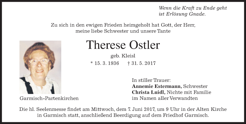  Traueranzeige für Therese Ostler vom 03.06.2017 aus merkurtz
