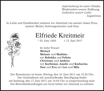 Traueranzeige von Elfriede Kreitmeir von merkurtz