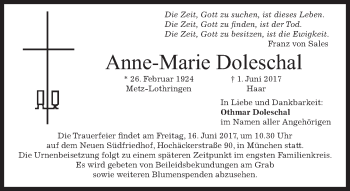 Traueranzeige von Anne-Marie Doleschal von merkurtz