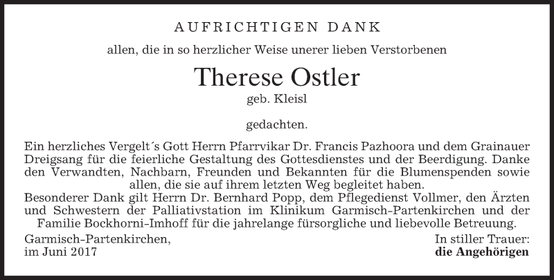  Traueranzeige für Therese Ostler vom 17.06.2017 aus merkurtz