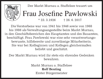 Traueranzeige von Josefine Pawlowski von merkurtz