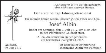 Traueranzeige von Josef Albin von merkurtz