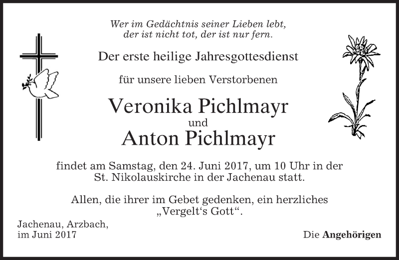  Traueranzeige für Veronika Pichlmayr vom 21.06.2017 aus merkurtz