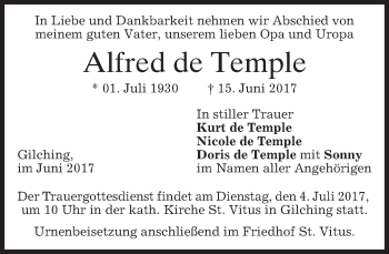 Traueranzeige von Alfred de Temple von merkurtz