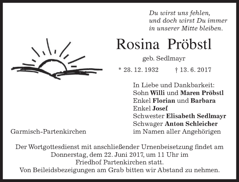  Traueranzeige für Rosina Pröbstl vom 20.06.2017 aus merkurtz