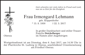 Traueranzeige von Irmengard Lehmann von merkurtz