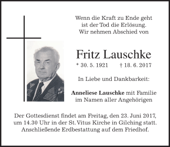Traueranzeige von Fritz Lauschke von merkurtz