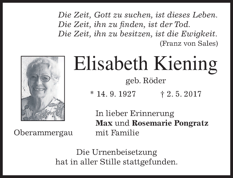 Traueranzeigen von Elisabeth Kiening | trauer.merkur.de