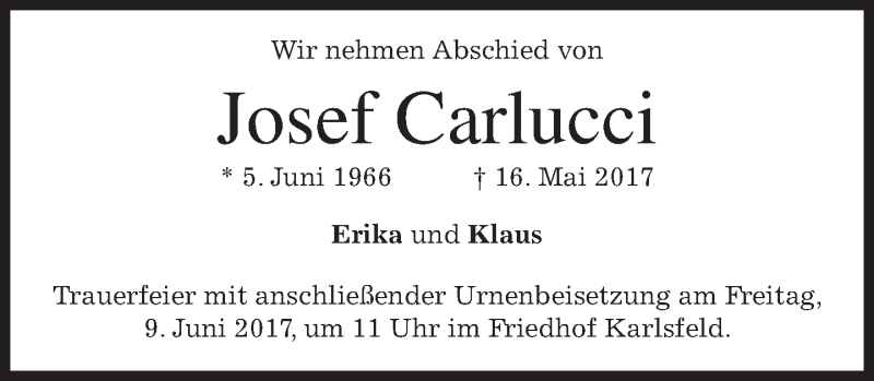  Traueranzeige für Josef Carlucci vom 02.06.2017 aus merkurtz