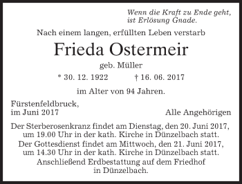 Traueranzeige von Frieda Ostermeir von merkurtz