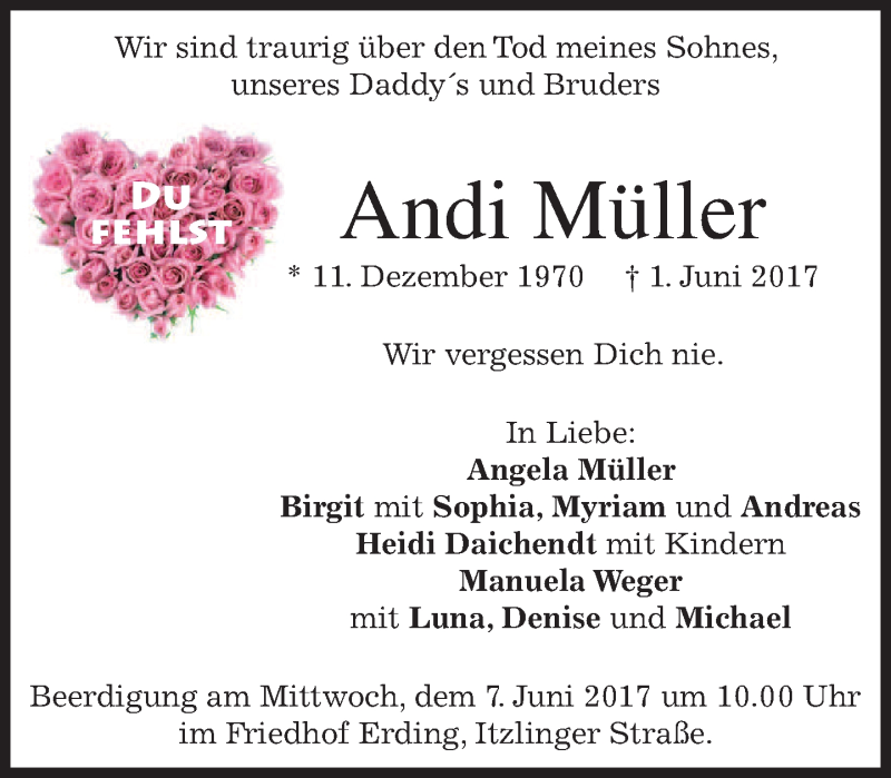  Traueranzeige für Andi Müller vom 03.06.2017 aus merkurtz