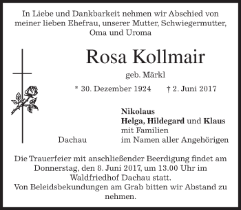 Traueranzeige von Rosa Kollmair von merkurtz