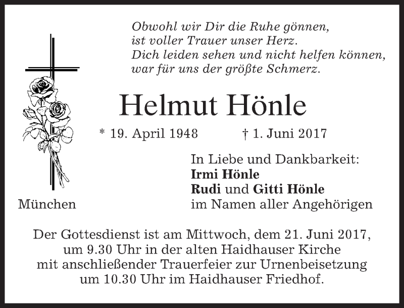  Traueranzeige für Helmut Hönle vom 17.06.2017 aus merkurtz
