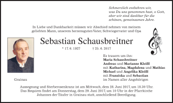 Traueranzeige von Sebastian Schausbreitner von merkurtz