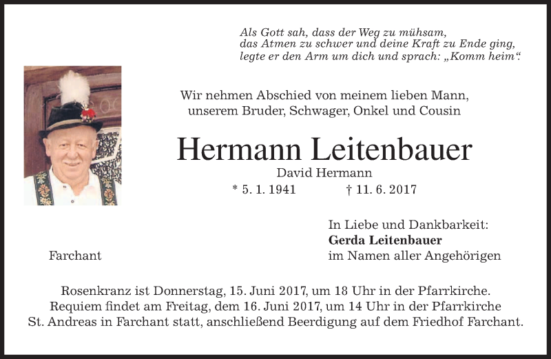  Traueranzeige für Hermann Leitenbauer vom 13.06.2017 aus merkurtz
