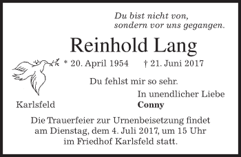 Traueranzeige von Reinhold Lang von merkurtz