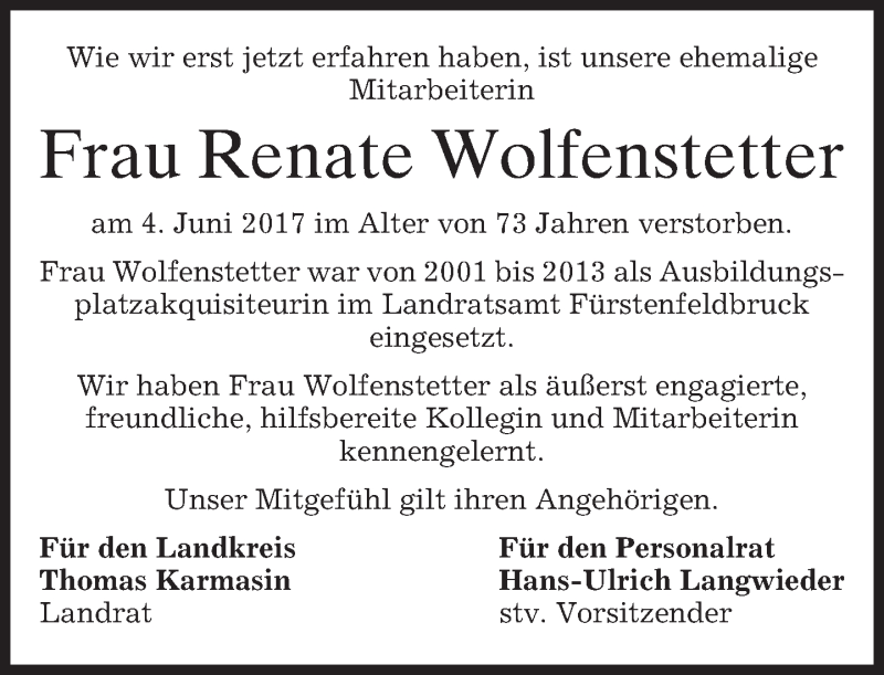  Traueranzeige für Renate Wolfenstetter vom 29.06.2017 aus merkurtz