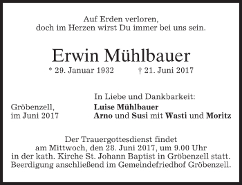 Traueranzeige von Erwin Mühlbauer von merkurtz