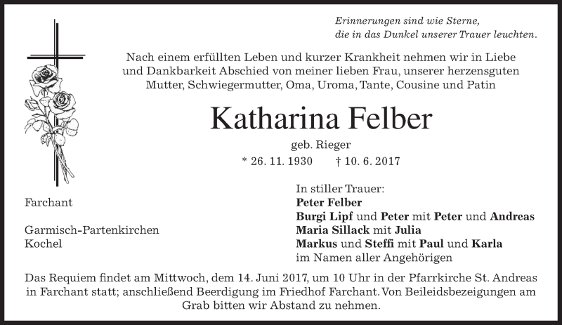  Traueranzeige für Katharina Felber vom 12.06.2017 aus merkurtz