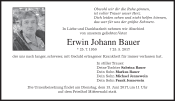 Traueranzeige von Erwin Johann Bauer von merkurtz
