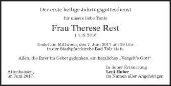Traueranzeige von Therese Rest von merkurtz