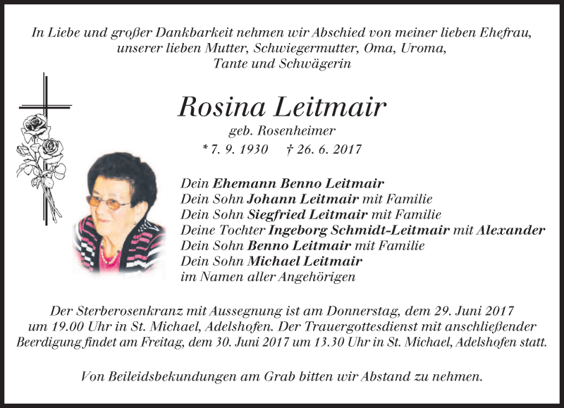  Traueranzeige für Rosina Leitmair vom 28.06.2017 aus merkurtz