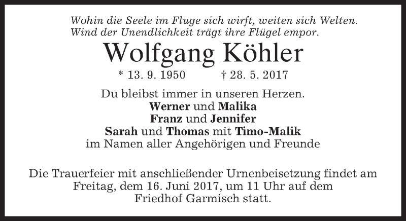  Traueranzeige für Wolfgang Köhler vom 10.06.2017 aus merkurtz
