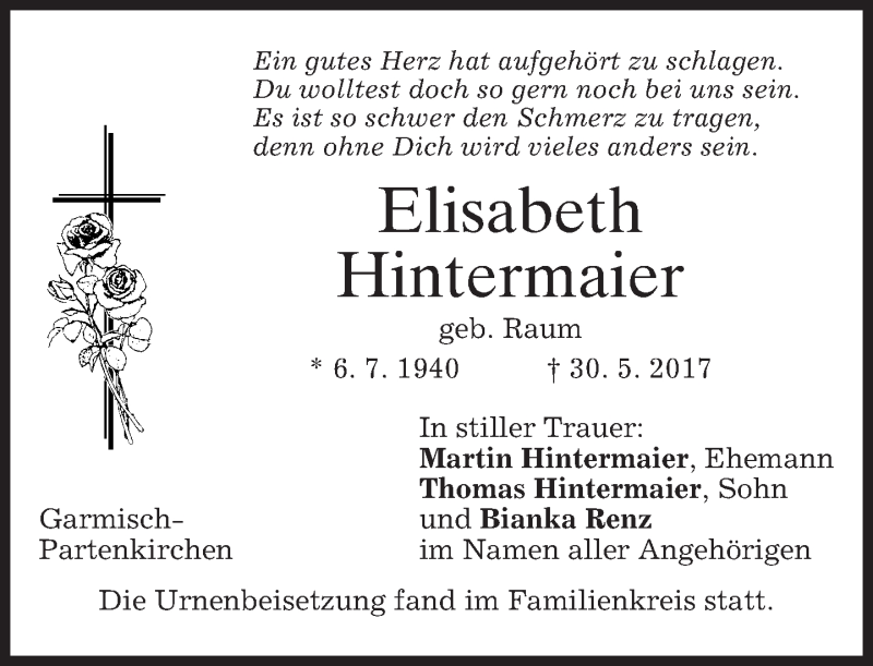  Traueranzeige für Elisabeth Hintermaier vom 17.06.2017 aus merkurtz
