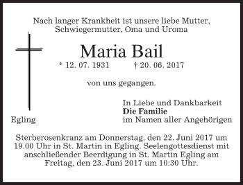 Traueranzeige von Maria Bail von merkurtz