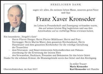 Traueranzeige von Franz Xaver Kronseder von merkurtz