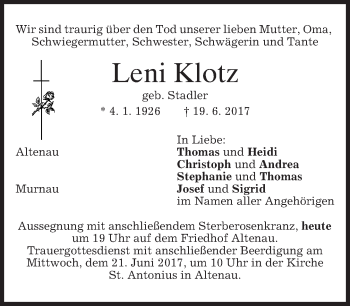 Traueranzeige von Leni Klotz von merkurtz