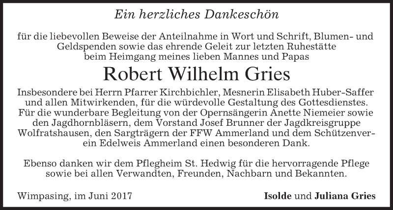  Traueranzeige für Robert Wilhelm Gries vom 17.06.2017 aus merkurtz