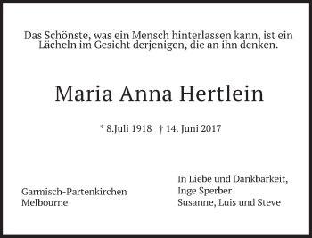 Traueranzeige von Maria Anna Hertlein von merkurtz