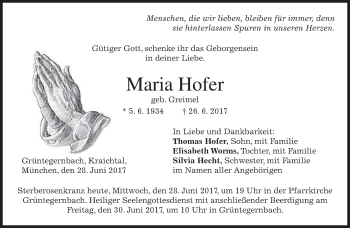 Traueranzeige von Maria Hofer von merkurtz