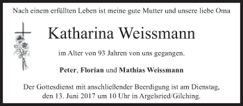 Traueranzeige von Katharina Weissmann von merkurtz