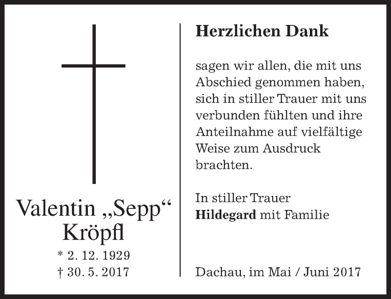  Traueranzeige für Valentin Kröpfl vom 17.06.2017 aus merkurtz