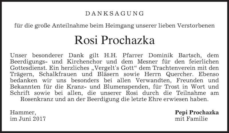  Traueranzeige für Rosi Prochazka vom 17.06.2017 aus merkurtz