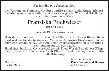 Traueranzeige von Franziska Buchwieser von merkurtz