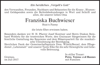 Traueranzeige von Franziska Buchwieser