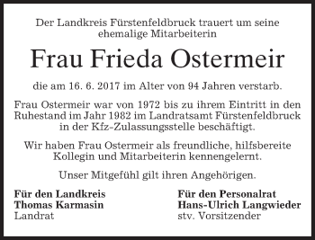 Traueranzeige von Frieda Ostermeir von merkurtz
