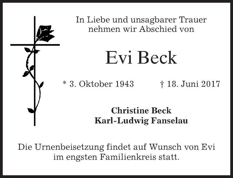  Traueranzeige für Evi Beck vom 24.06.2017 aus merkurtz