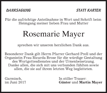 Traueranzeige von Rosemarie Mayer von merkurtz