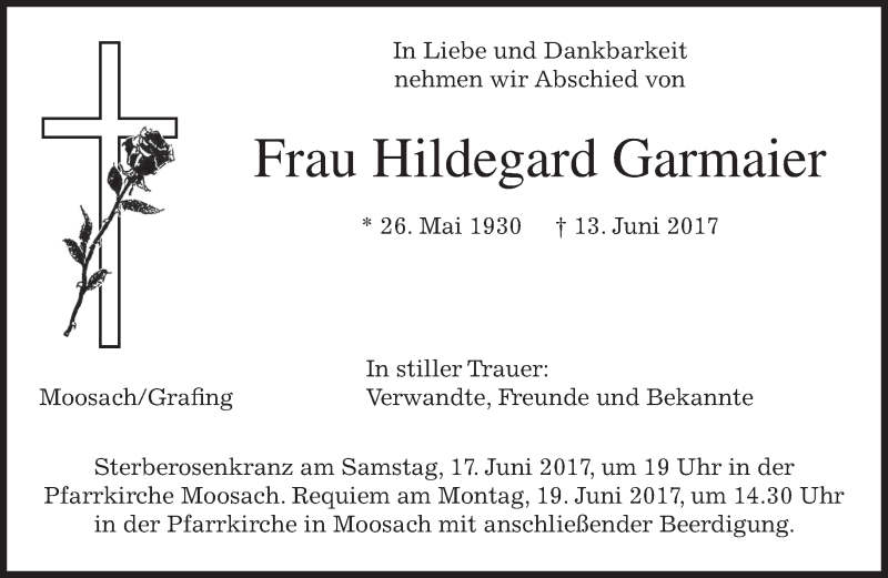  Traueranzeige für Hildegard Garmaier vom 16.06.2017 aus merkurtz